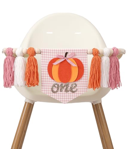 Pumpkin 1st Birthday Highchair Banner - Fall First Birthday Decorations Pink & Orange Yarn Tassel One High Chair Banner Our Little Pumpki n is Turning One (Pumpkin Bow Banner)