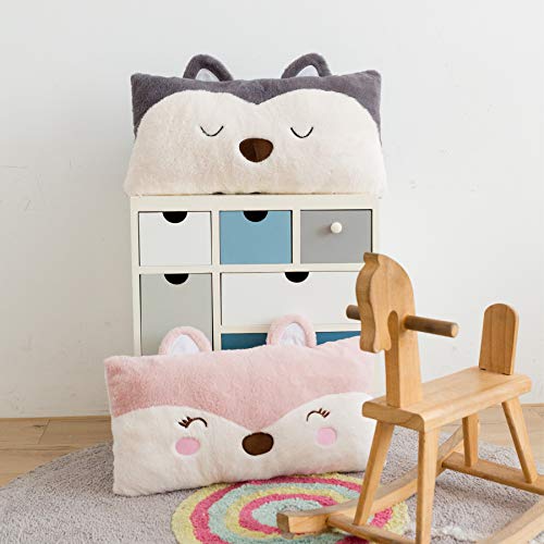 Image of Snugtown Stuffed Animal Lumbar Pillow, Super Soft Plush Cuddle Throw Pillow for Kids, Cute Fox Shaped Pillow, 12 x 24 Inches, Grey, Ivory