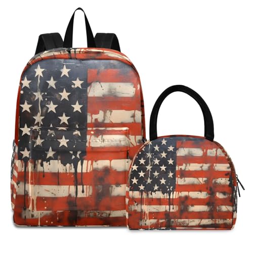 Rustic American Print Backpack Set with Lunch Bag, Large Capacity Travel Backpacks and Lunch Box Insulated for Commute Hiking Picnic