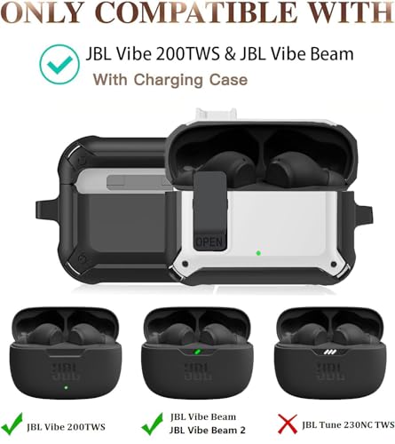 Compatible with JBL Vibe 200TWS/JBL Vibe Beam Case Cover Lock Clip with Cleaner Kit,Cool Protective Cover Men Women with Carabiner for JBL Vibe Beam 2 Charging Case - Black/White