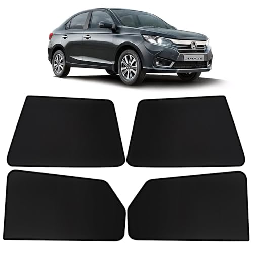 Image of OTO2EYE Car Sun Shade Compatible for Honda Amaze Model 2021 to 2022, Z-Black Fix Type Side Window Curtains, Only Half Cut in Front Window, 4 Pieces Set
