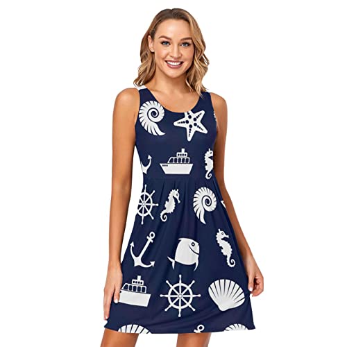 RPLIFE Marine Nautisches Ornament Muster Ärmelloses Kleid Sommerkleid Strandkleid, Marine-maritimes Ornament, X-Groß