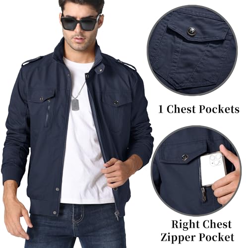 KEFITEVD Men's Jackets Bomber Military Cargo Coat Smart Casual Jacket Stand Collar Cotton Outerwear with Multi Pockets