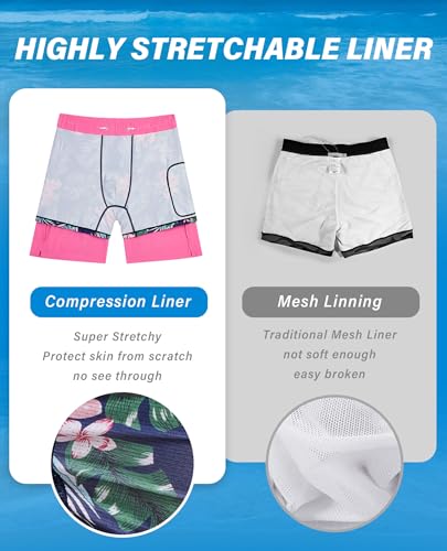 Image of Gleeease 7inch Mens Swim Trunks 2 in 1 with Compression Liner Pockets Drawstring Quick Dry Stretch Lined Funny Beach Pool
