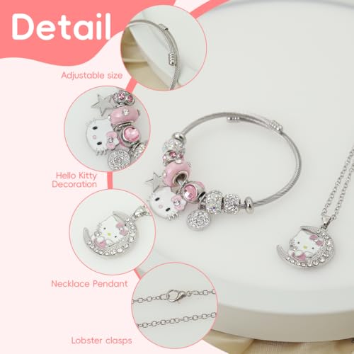 SANNIDHI® 2 Pcs Bracelet for Girls Woman Adjustable Stainless Steel Cute Charm Bracelet with Necklace Alloy Pendant Chain Necklace Jewellery Set Birthday Gift for Women, Girls