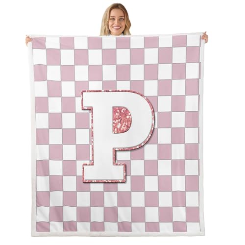Image of Erosebridal Pink Initial P Fleece Blanket Queen 90 inchx90 inch Kawaii Plaid Checkered Sherpa Blanket Cute Personalized Monogram Fuzzy Plush Throw for Kids Girls,Fashion Grids Gingham Decor for Bed Couch