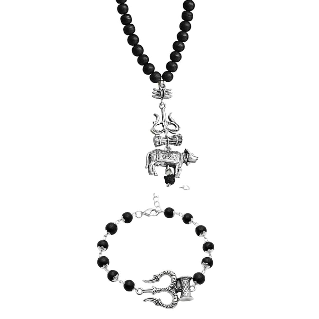 Ebony Wood Mala with Trishool Nandi Charm and Trishul Bracelet Combo | Natural Spiritual Beads for Meditation, Prayer, Positive Energy & Protection | Unisex Jewellery Set-image-15