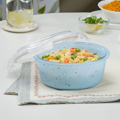 Image of Borosil 400 ml Blue Food Storage Container with Air Tight Lid | Round Shape Borosilicate Glass Organiser | Microwave & Dishwasher Safe | For Fridge, Kitchen Storage