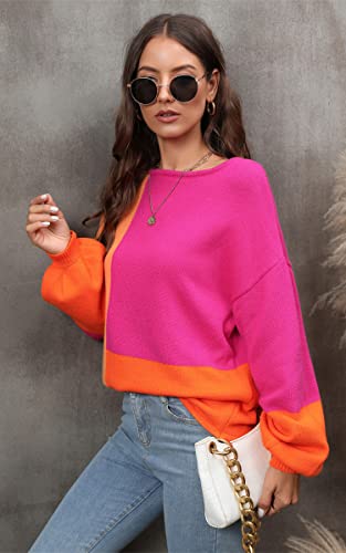 Image of ECOWISH Women Sweater Long Sleeve Color Block Knit Pullover Sweaters Crew Neck Patchwork Casual Loose Jumper Tops