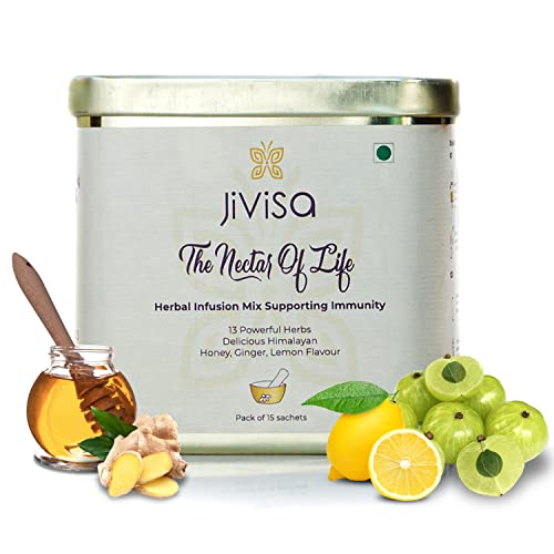 Image of JiViSa The Nectar of Life Herbal Infusion Mix - 13 Powerful Herbs with Honey, Ginger & Lemon Flavour | Immunity Booster Kadha Tea Mix | Sugar-Free Diabetic Friendly Herbal Drink (75 g Tin Pack)