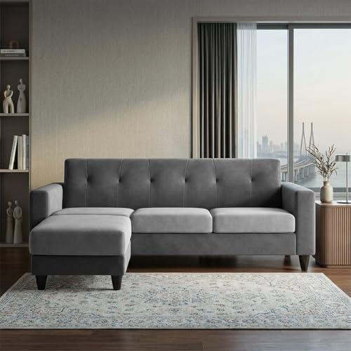 Image of Homeboy 4 Seater L Shape Sofa Set with Movable Ottoman | Flexible Left or Right Layout | Luxe Velvet Suede Fabric | Comfortable Seating | Modern Sofa for Living Room -Light Gray - Dark Gray