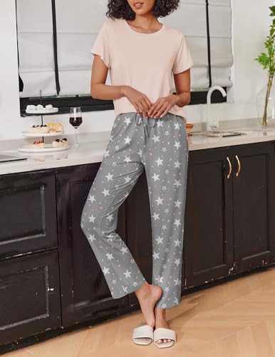 Image of Ekouaer 2 Pack Pajamas for Women Set Short Sleeve Pj Top and Printed Pants | Soft PJs Cozy Printed Lounge Sets Comfy Sleepwear with Pockets