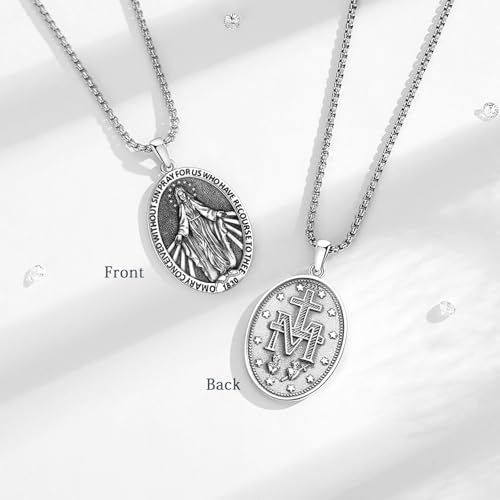 INFUSEU Sterling Silver Virgin Mary Our Lady of Guadalupe Necklace for Women Men Miraculous Medal Jewelry3