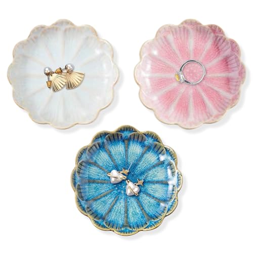 CHENKEE Plat à Bijoux en Céramique, 3 Pièces Plateau Bijoux Feuille Clés Lateau à Bijoux Feuille Plateau à clés Plat de Bijoux de Fleur pour Table d'entrée décor de Chambre (fleur de lotus)