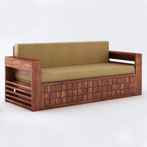 Image of Wooden Sofa Cum Bed for Living Room | Solid Sheesham Wood Convertible 3 Seater Diwan Sofa Bed with Pull-Out Storage Armrest | Folding Double Bed for Home, Guest Room & Office | Honey Finish