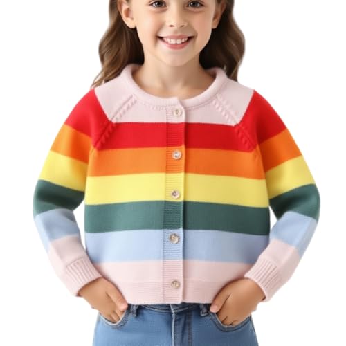 Girls' Rainbow Sweater Cardigan Button Long Sleeved Striped Rainbow Knit Sweater