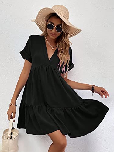 Image of WDIRARA Women's Roll Up Short Sleeve V Neck Ruffle Hem Solid Swing Smock Dress