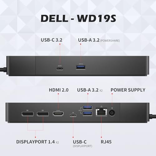 WD19S Dell Docking Station, Performance Dock WD19S, 180W Power Adapter + 130W Power Delivery, Support Dual/Triple Monitor & 4K Displays, with Fkafusion Tech HDMI and DP Cable, New - 3 Year Warranty - 1
