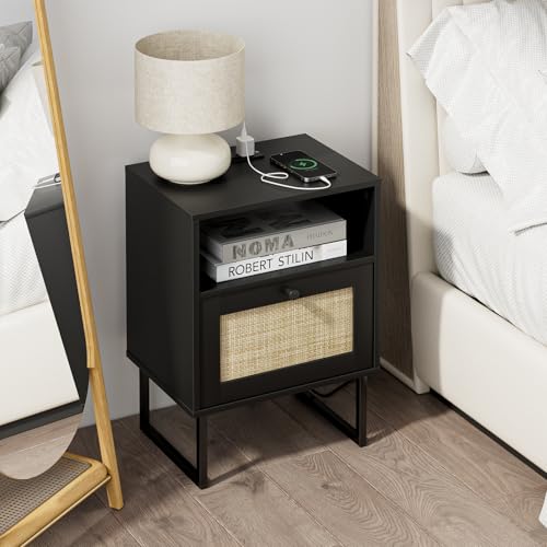 Image of Masupu Extra Large Rattan Nightstand,Boho Night Stand Modern Farmhouse Wood Bedside Table with Storage Drawer and Open Shelf,Side End Table for Bedroom,Living Room,Black