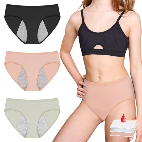 AUYAO Bragas Menstruales Niña, 3 Pack Bragas de Período Menstrual para Niñas Adolescentes, Braga Menstrual Reutilizables, Ropa Interior de Algodón Transpirable para 8-16 Años, S