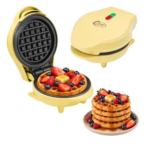 Bestron Mini gofrera, Gofrera para gofres de gofres pequeños, con antiadherente, para cumpleaños infantiles, fiestas familiares, Pascua o Navidad, diseño retro, 550 W, color: Amarillo