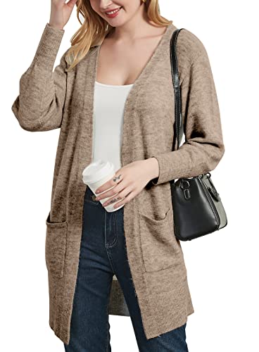 Woolen Bloom Damen Strickjacke mit langen Ärmeln, offener Vorderseite, lockerer Strick, leicht, mit Taschen, camel, Mittel Cover
