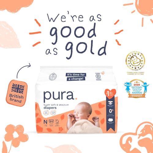 Image of Pura Newborn Baby Diapers Size N (Up to 10 lbs), 3 Pack (84 Hypoallergenic Diapers) Totally Chlorine Free (TCF), Disposable Diapers for Sensitive Skin, Blowout Protection & Wetness Indicator