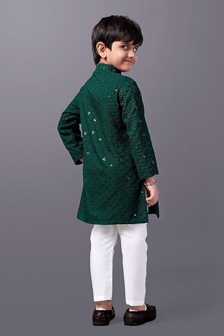 Image of Valaki Kurta Pajama Set for Boys Cotton Blend Mirror Work Embroidery Kurta Pyjama for Boys