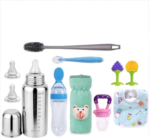 Image of Y. GOYAL & CO. Babyy Feeding Combo Set for Newborns & Infants | Stainless Steel Feeding Bottle, Spoon Feeder, Fruit Feeder & Food Feeder | BPA Free Baby Essentials Kit (9 in 1 Baby Feeding Combo)