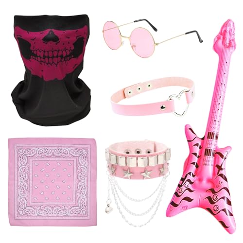 TUONYIS 6 Pezzi Rosa Punk Rockstar Fancy Dress,Disfraz Rockero Accesorios Gótico Rocker Kit,Guitarra Hinchable Rock Sunglasses Bandana,Hip Hop...