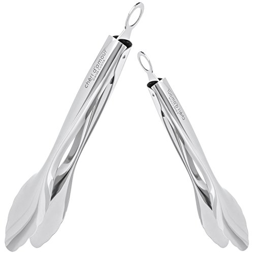 Elegant 18/10 Stainless Steel Kitchen Tongs 2 Set by chéri d'amour – Non Stick Chef Cooking Tongs for Serving Catering Grilling Turning Flipping Salad BBQ Food Ice Fish, 9.5” & 12” with Easy Locking