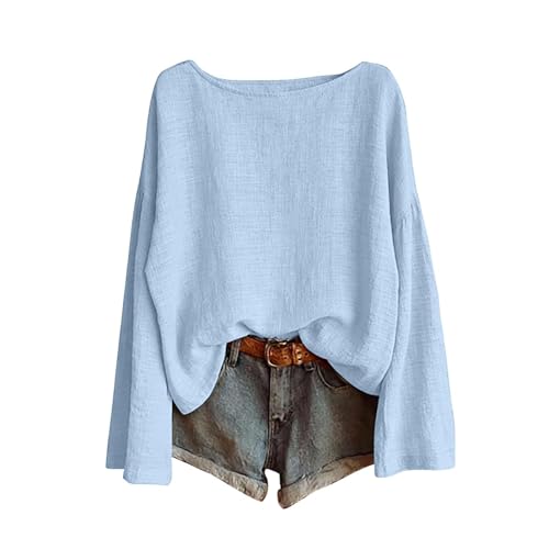 Linen Tops for Women Dressy Casual Long Sleeve Crew Neck Gauze Shirts Summer Lightweight Loose Solid Blouses 2026#11 Light Blue Small