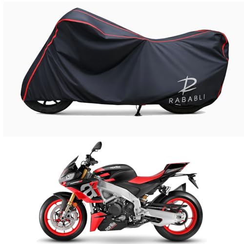 Image of Waterproof Bike Body Cover Compatible for | Aprilia Tuono V4 Factory | Taffeta Fabric, Red Piping Design, Bottom Elastic Fit | Dustproof, Sun UV & Rain Protection for All Bikes