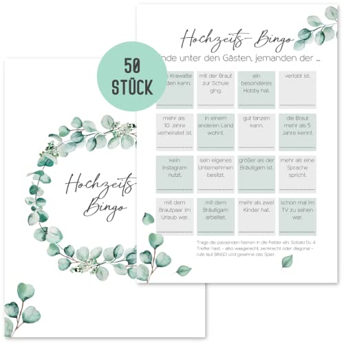 Things of Happiness 50x Hochzeitsbingo by Hochzeitsspiel für Gäste zum Kennenlernen | Hochzeitsspiel Gäste | Hochzeitsgeschenk-TIPP fürs Brautpaar (Grün Eucalyptus) Cover