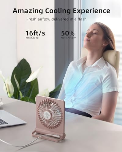 Image of Koonie USB Desk Fan, Strong Wind Ultra Quiet Small Mini Fan | 220 Tilt Folding & 3 Speeds Adjustable, USB-C Powered Personal Fan for Home Office Desktop, Pink, NO BATTERY