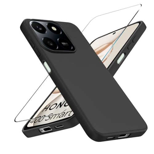 LYJERRY Case for Honor 400 Smart 5G Phone Case with 9H Hardness Tempered Glass Screen Protector TPU Shockproof Cover Soft Slim Fit Anti-Scratch Protection Black