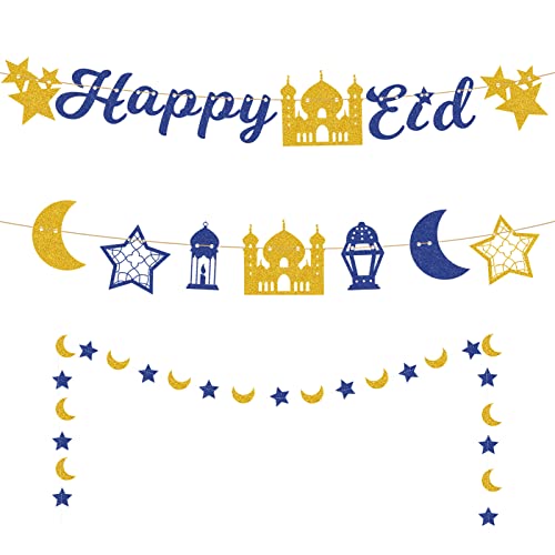 3 Pieza Ramadán Kareem Banner de decoración Guirnalda de estrellas y luna Suministros de fiesta de Ramadán Hajj Eid Mubarak Fiesta Islam musulmán Eid Celebración Decoración Cover