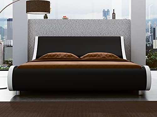 Sha Cerlin Modern Low Profile Platform Bed Frame Queen Size, Stylish Faux Leather Upholstered Sleigh Bed With Adjustable Headboard, No Box Spring Needed, Black&White #TOP2