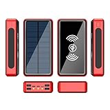 Tragbare Powerbank mit Solar-/Kabellosfunktion/Kompatibel mit 99% Aller USB-Geräte auf dem Markt, Rot, 100.000 mAh
