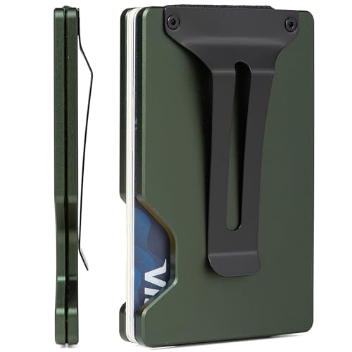 Image of Minimalist Carbon Fiber Wallet for Men, Money Clip Cash Strap Wallet, RFID Blocking Metal Wallet Aluminum Card Holder,Front Pocket Wallet(Matte Green)