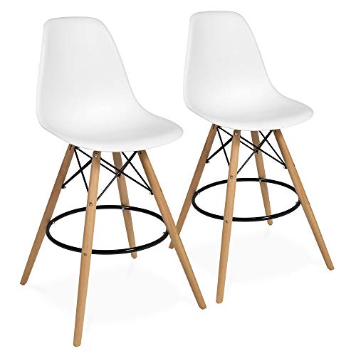 Best Choice Products Set of 2 Mid Century Modern Counter Stools w/Wooden Legs, Footrests - White