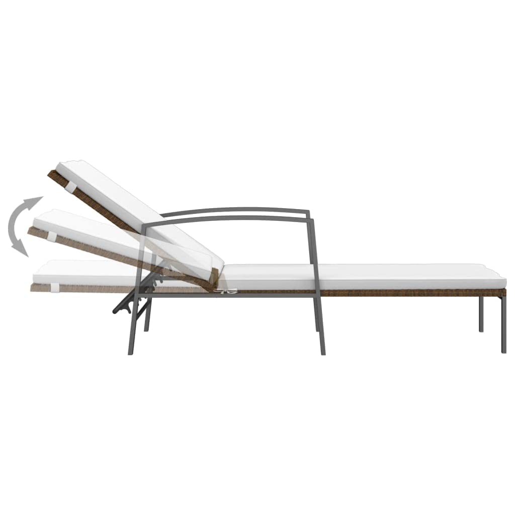 Lettino Prendisole da Giardino con Cuscino Polyrattan Marrone Regolabile Schienale 4 Posizioni Relax Letto Solarium Outdoor con Braccioli Acciaio Resistente per Piscina Balcone 195x60x53-95 cm