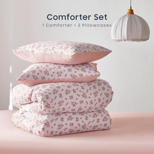Image of Wake In Cloud - Queen Size Comforter Set, 3-Piece, Floral Shabby Chic Coquette Cottagecore Flower Light Blush Pink Green, Soft Lightweight Bedding for Women Girls