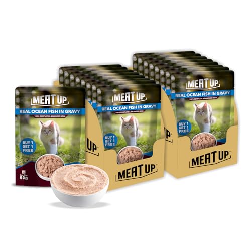 Image of Meat Up Adult Cat Wet Food 16 Pouches x 50g, Total 800g | Real Ocean Fish in Gravy | Supports Heart & Vision | Strong Bones & Teeth | Natural Flavors | Organic Minerals