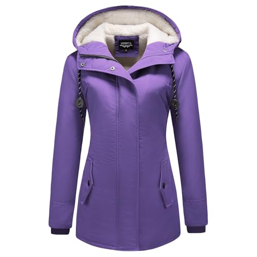 MODFUL Damen Winterparka Fleece Gefüttert Wintermantel mit Kapuze Dicke Coat Winterjacke (Lila, XXL)