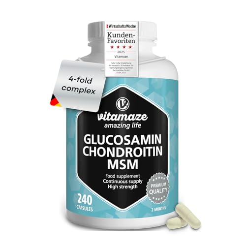 Glukozamina, chondroityna, MSM Kompleks wysoko dozowane, 240 kapsułek na 2 miesiące z witaminą C, Naturalny suplement diety bez zbędnych dodatków, Made in Germany