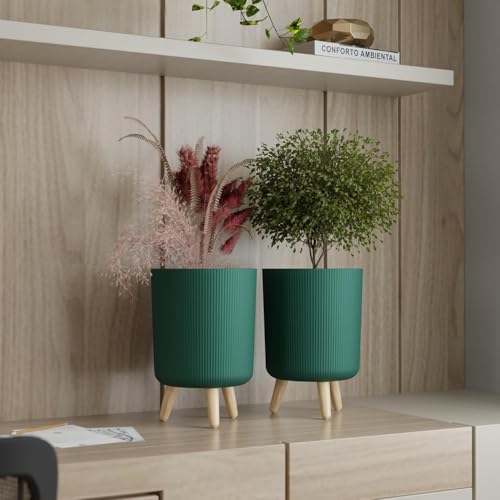 Image of Modern Green Plant Pot with Stand | Ribbed Plastic Flower Planter with Wooden Legs for Indoor Outdoor Home, Balcony & Garden Decor (Pack of 1)