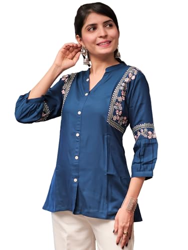 Image of Women's Viscose Rayon Embroidered A-Line Short Kurti Above Knee Regular Fit Tunic Top Office Wear Casual short kurti for women | office wear top | A-line kurti | raksha bandhan gift dress for women