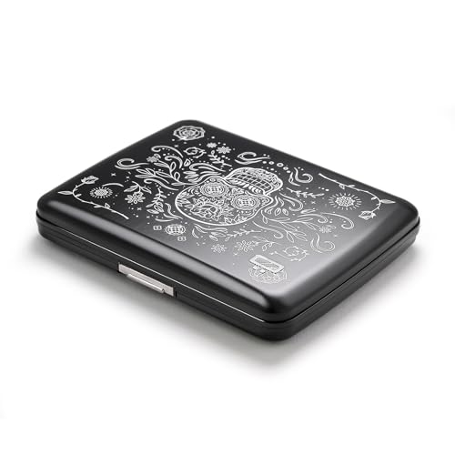 Image of OGON -DESIGNS- Aluminum wallet, Large capacity with metal lock, RFID Protection against fraud and demagnetization, model Smart Case OSLO Large (Engraving Muertos)