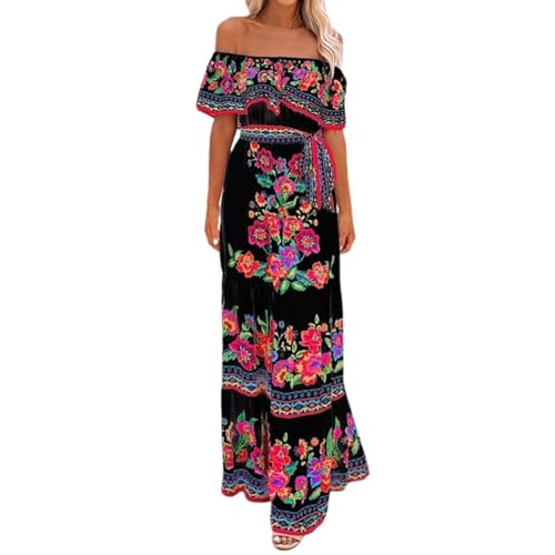 Vestido mexicano para mulher, vestido com estampado floral, linha A, vestido comprido de verão, boémio, praia, férias, Halloween, carnaval, disfarce-se, preto e azul marinho:, XXL